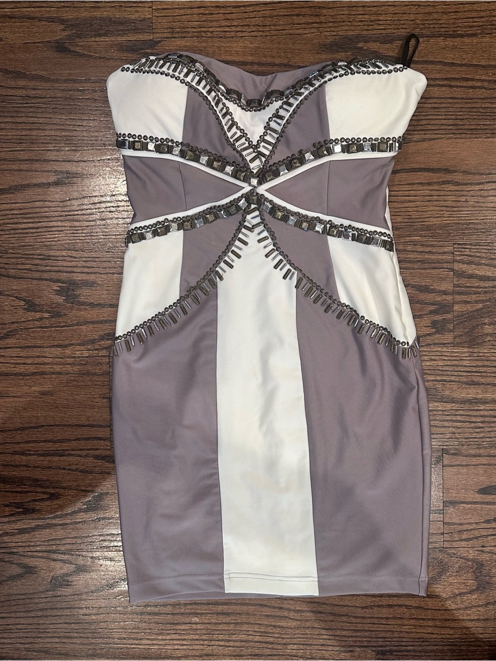 bebe Strapless Beaded Colorblock Bodycon Dress in White and Mauve